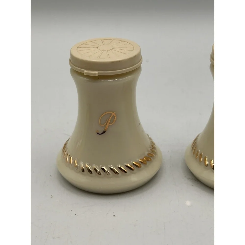 Wheatonware Custard Glass Salt & Pepper‎ Shakers With Lids Gold Trim